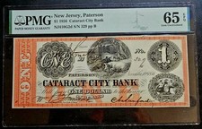 1856 $1 Cataract City Bank Paterson NJ PMG 65 EPQ GEM UNC Rare Obsolete Banknote