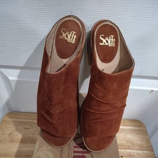 Womens 8 Suede Slip On Mule Sandals Brown Open Toe Block Heel Comfort Shoes