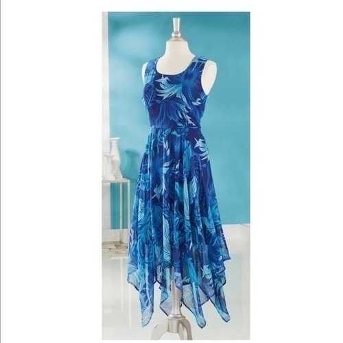 Expressions Floral Handkerchief Dress Size 2X Blue Boho Flowy Resort Romantic