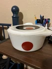 Pyrex  Moon Deco Covered Casserole with Lid Black with Red Dot c. 1971 Vintage