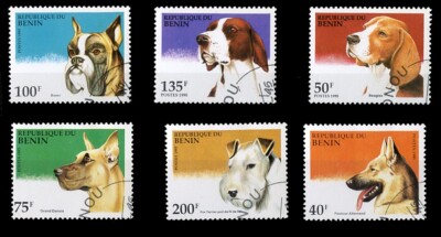 Boxer Pointer Beagle GSD Wire Foxterrier Gt Dane DOG STAMP SET 6 Benin 1995