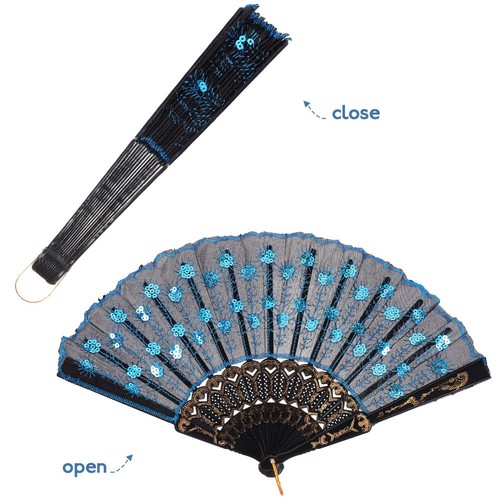 Folding Fan Elegant Embroidered Sequins Hand Fan Peacock Pattern Handheld Fan - Picture 5 of 12