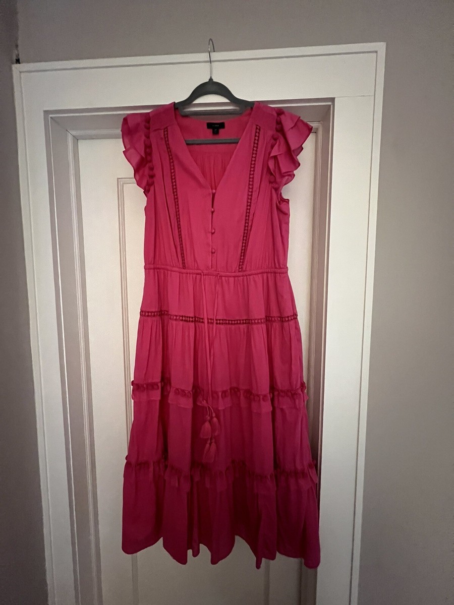 J Crew Point Sur Pom Pom Flutter Sleeve Midi Dress 14 TALL