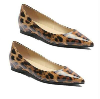 Womens Pointy Toe Flats Leopard Pattern Slip On Low Wedge Heel Casual Pump Shoes