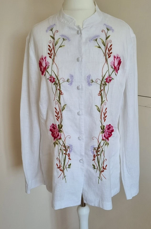 Laura Ashley Linen Embroidered Blouse White Long Sleeves Floral Bust 40" UK14 - Image 2 of 4