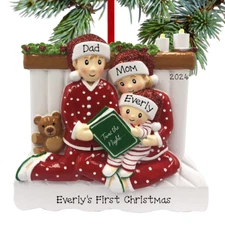 Personalized Reading in Bed Christmas Ornament Family of 3 4 5 Candle Xmas Hat