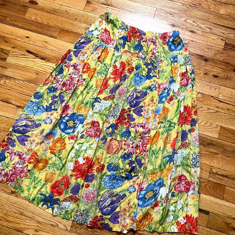 Falda plisada floral brillante de seda real vintage de los años 80 cintura elástica - 33 pulgadas L Foto 2 de 4