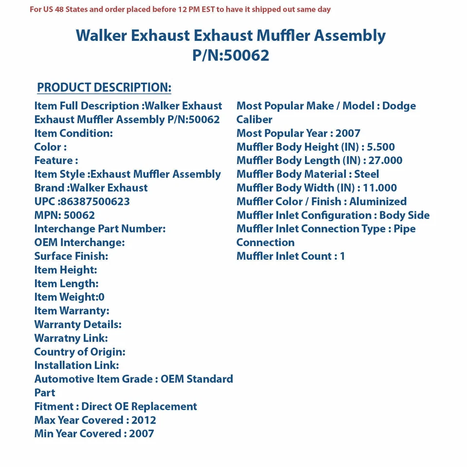 Walker 排气消声器总成 50062 | 高质量汽车零件,Universa — 第 4/4 张图片