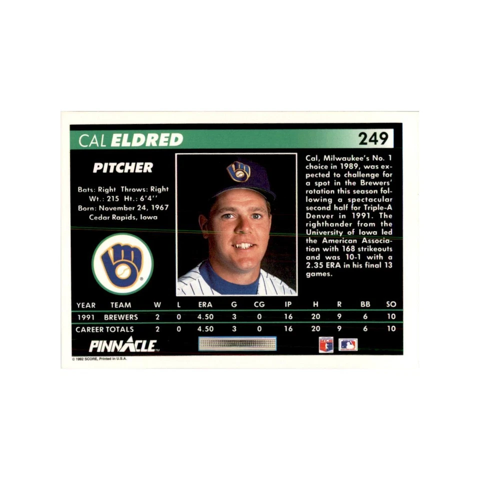 1992 Pinnacle Cal Eldred Baseball Cards #249 - Image 2 of 3