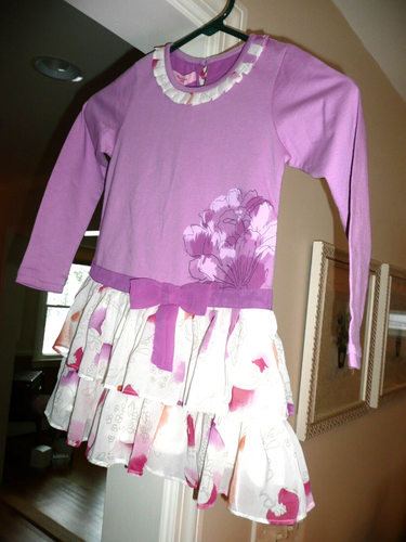 Beetlejuice London Little Girl SZ 6 Purple Dress Watercolor Like Flower Ruffles - 第 1/11 張圖片