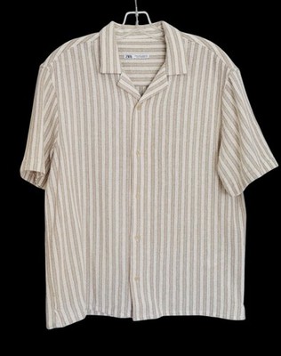 Zara Man Textured Woven Short Sleeve Beige & White XL