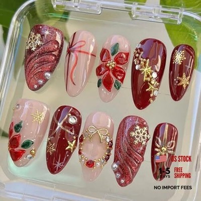 Christmas Press on Nails Almond Medium Long Fake Nails Red Artificial Nail 3D