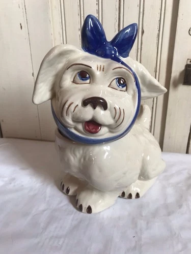 Vintage Shawnee Pottery Muggsy Dog Cookie Jar White And Blue Toothache