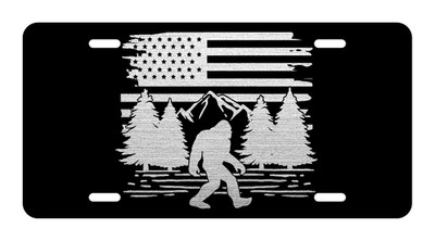 Engraved Big Foot Sasquatch US Flag Car Tag Diamond Etch Metal License Plate