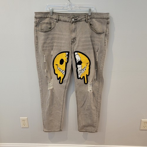 Y2K Distressed Jeans Smiley Face Patches Szare Prane Spodnie dżinsowe Męskie Rozmiar 3XL - Zdjęcie 1 z 8