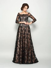 Black Mother Of The Bride Dresses A-line 3/4 Sleeves Appliques Beaded Plus Size
