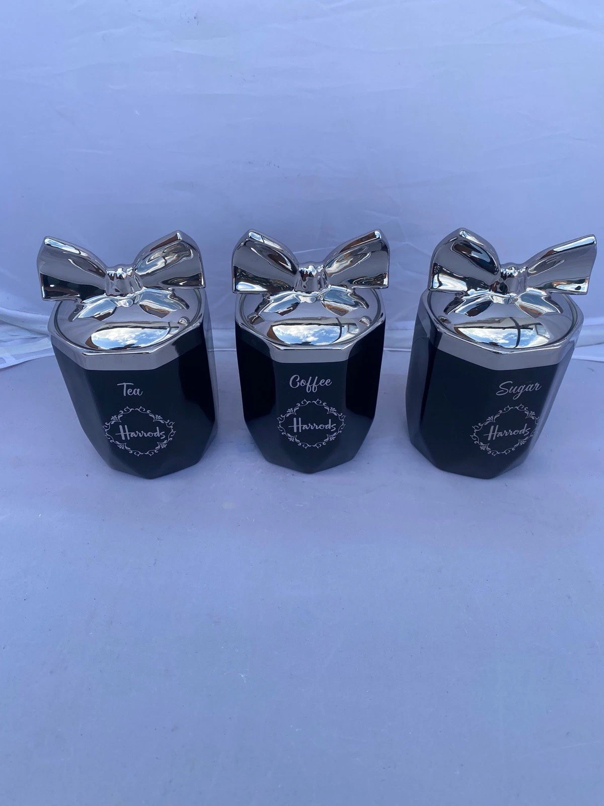 Tea Coffee Sugar Jar Black Chrome Bow Storage Set Ceramic Air Tight Canisters