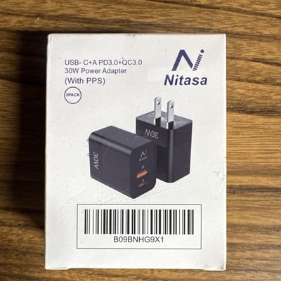 Nitasa 30W USB-C USB-A PD3.0 QC3.0 Power Adapter 2-Pack Black For Apple Samsung