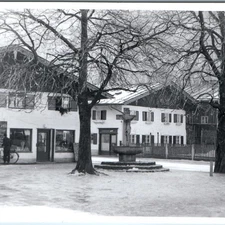 Vtg Bavaria Germany Village Square Snapshot Photo Crucifix Fountain Shop Winter