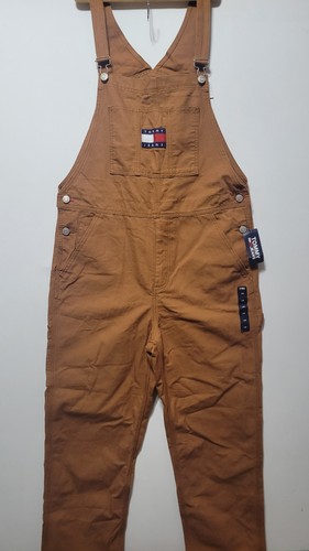 NWT Vintage Tommy Hilfiger Overalls Mens Size LARGE Brown Carpenter Big Flag Bib