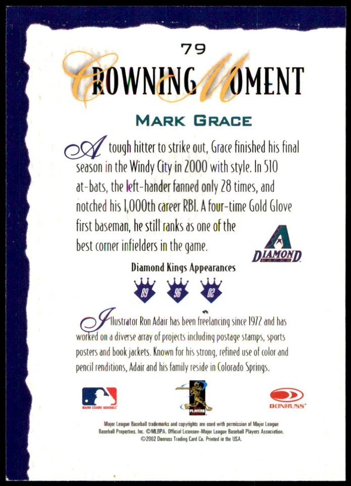 Mark Grace 2002 Donruss Diamond Kings #79 Diamondbacks MLB READ FREE SHIPPING - Image 2 of 2