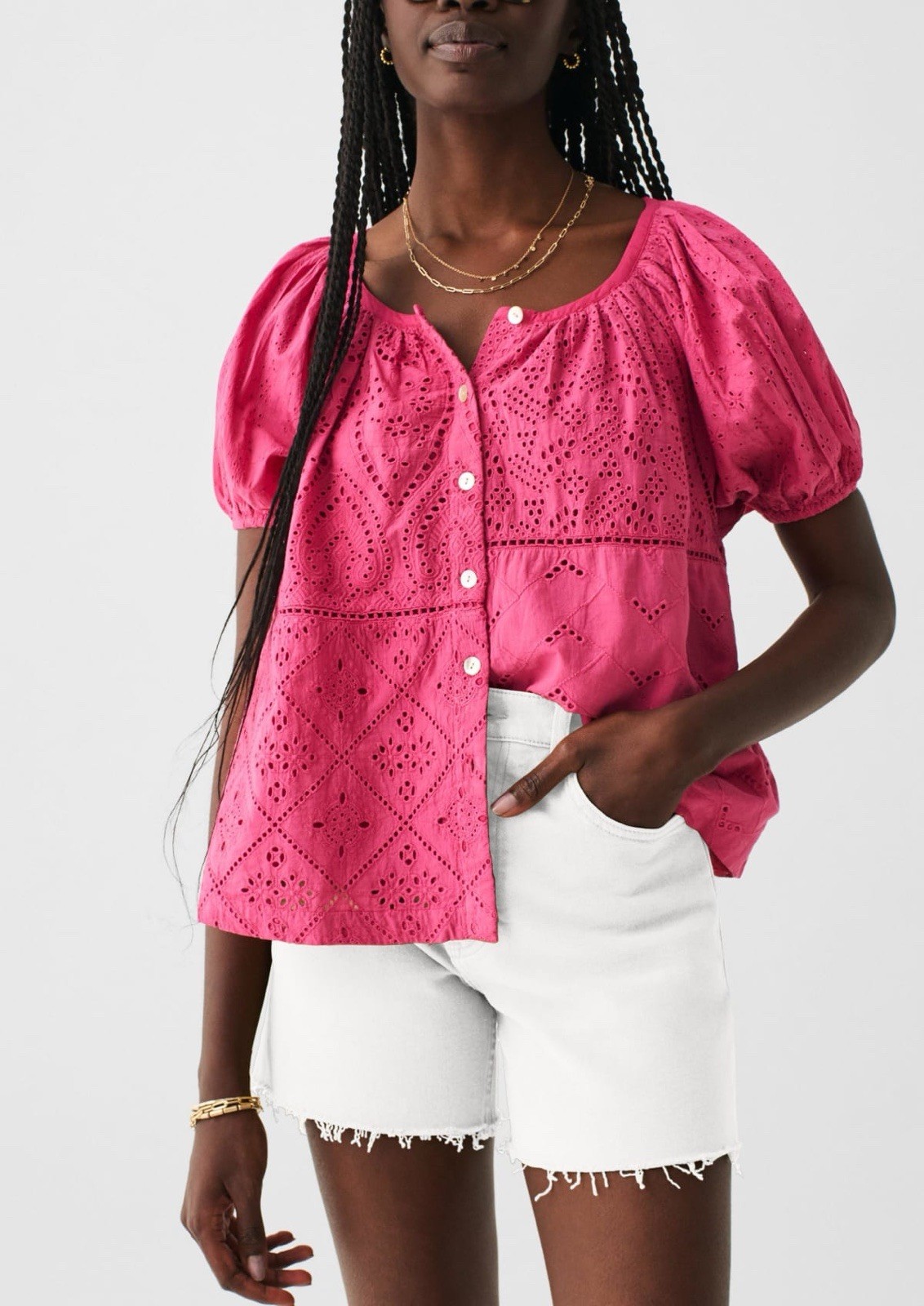 Faherty Eyelet Patchwork Top Women’s Large Pink B… - image 7
