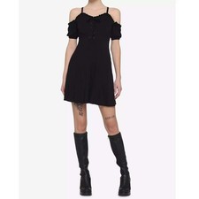 Hot Topic Dress Black Lace-up Puff Sleeve Cold Shoulder Whimsigoth Grunge Large