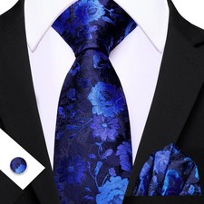 ITALIAN DESIGNER Navy & Cobalt Blue Floral SILK TIE, HANKY, CUFFLINKS