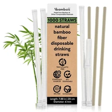 Bamboo Powder Straws Biodegradable (1000-Pack) - 7.88" Disposable Individual ...