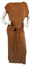 MABLE Knit Midi Dress Brown Tie Waist Cap Sleeve Side Slits Bodycon Sz S/M