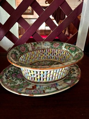 Antique Chinese Reticulated Famille Rose Plate & Bowl Canton Porcelain (Aa)