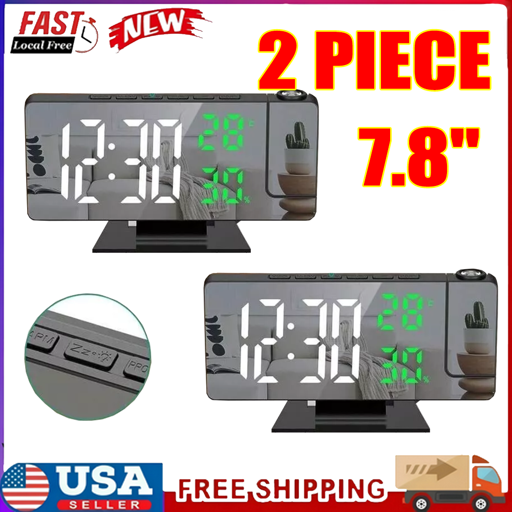 2pcs LED Projection Alarm Clock with 180° Rotatable Display 7.8