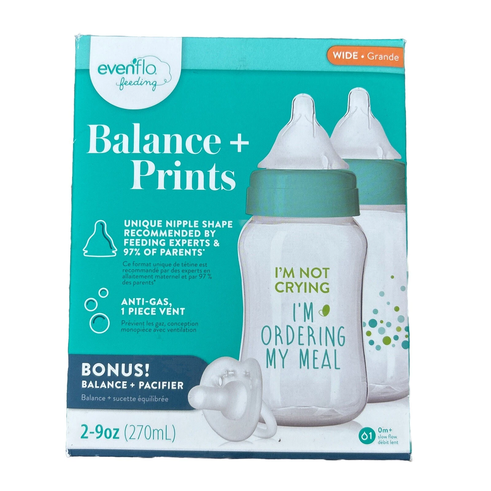 Evenflo Balance + Prints Wide Neck BPA-Free 9 oz Baby Bottles 2-Pack Open Box