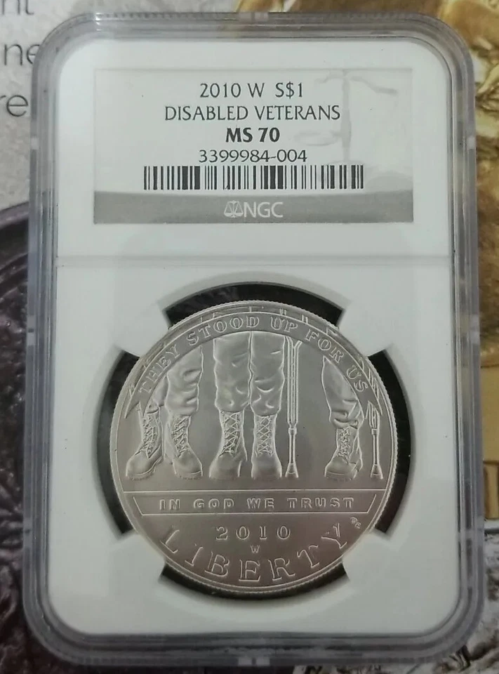 2010-W $1 Silver NGC MS70 Disabled Veterans Dollar 90% Coin Cert# 3399984-004 - Image 3 of 4