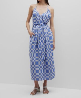 $325 Mara Hoffman Women's Blue Sydney Chimo Check Self-Tie A-Line Dress Size XS