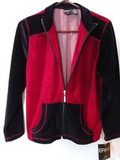 Erika Petite Womens Red/black Trim Zip Velour Jacket Size Pl
