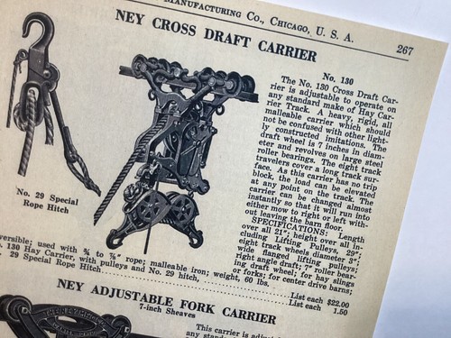 EARLY BARN HAY CARRIER LIFTING PULLEYS NEY MFG ADJUSTABLE TRACK TYPE RARE AD NEW - Picture 2 of 3