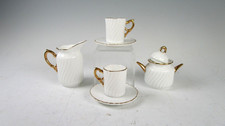 Miniature Tea Set Pitcher Sugar, Cup White Gold Trim Ceramic Doll House Set 6