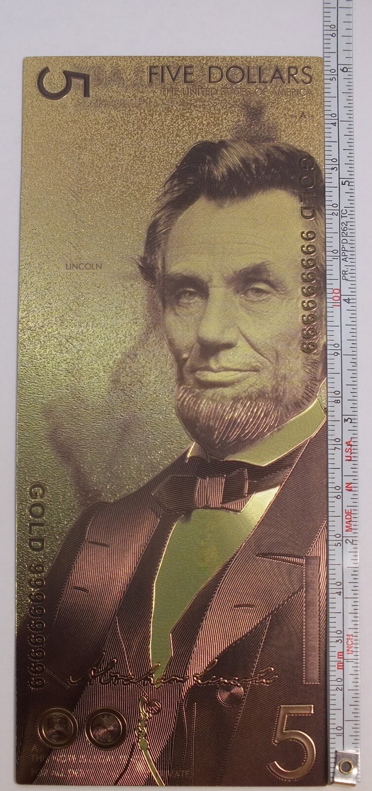 5 Five US Dollar Concept Design 6" Novelty 24K Gold Foil Plated Note