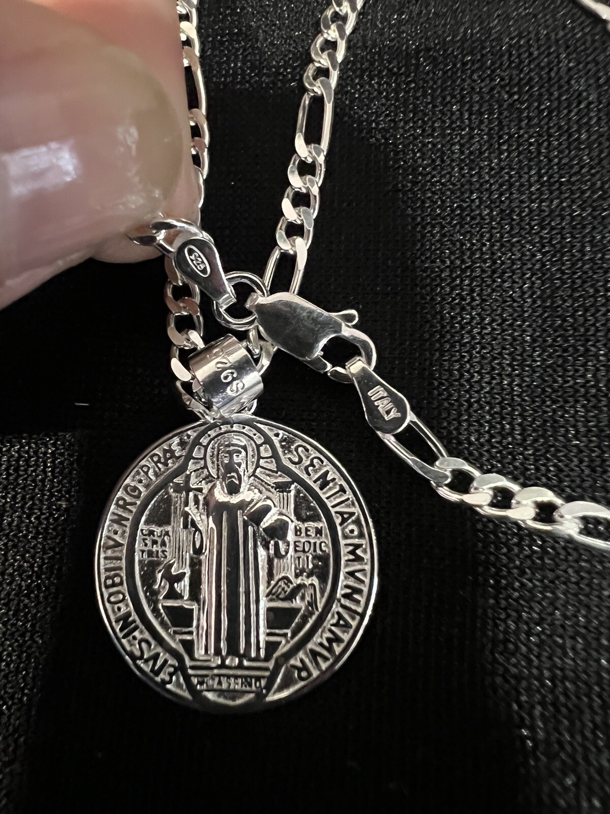 925 Sterling Silver Mens St Benedict San Benito Medal & Figaro Chain 18 ...