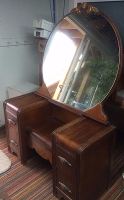1950 Style Antique Dressing Table Round Mirror Solid Wood