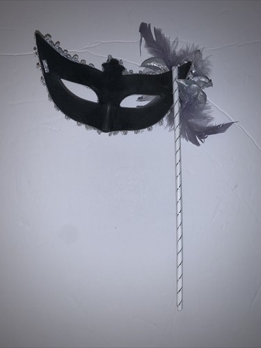 Masquerade Eye Mask Silver Feathers Flower Sequins Stick Mardi Gras Halloween  - Picture 5 of 14