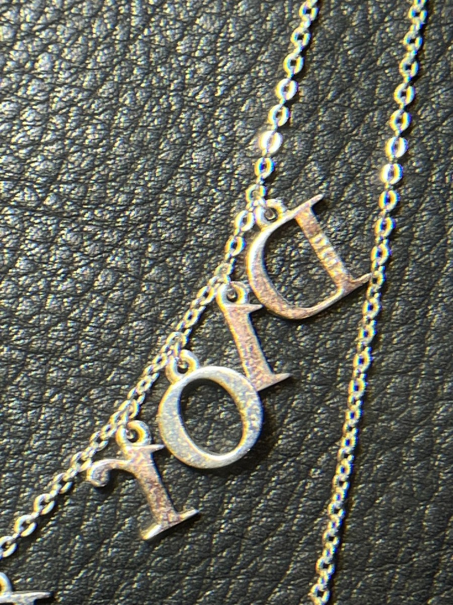 CHRISTIAN DIOR Long Necklace Chain AUTH 3 CD LOGO Vintage Silver