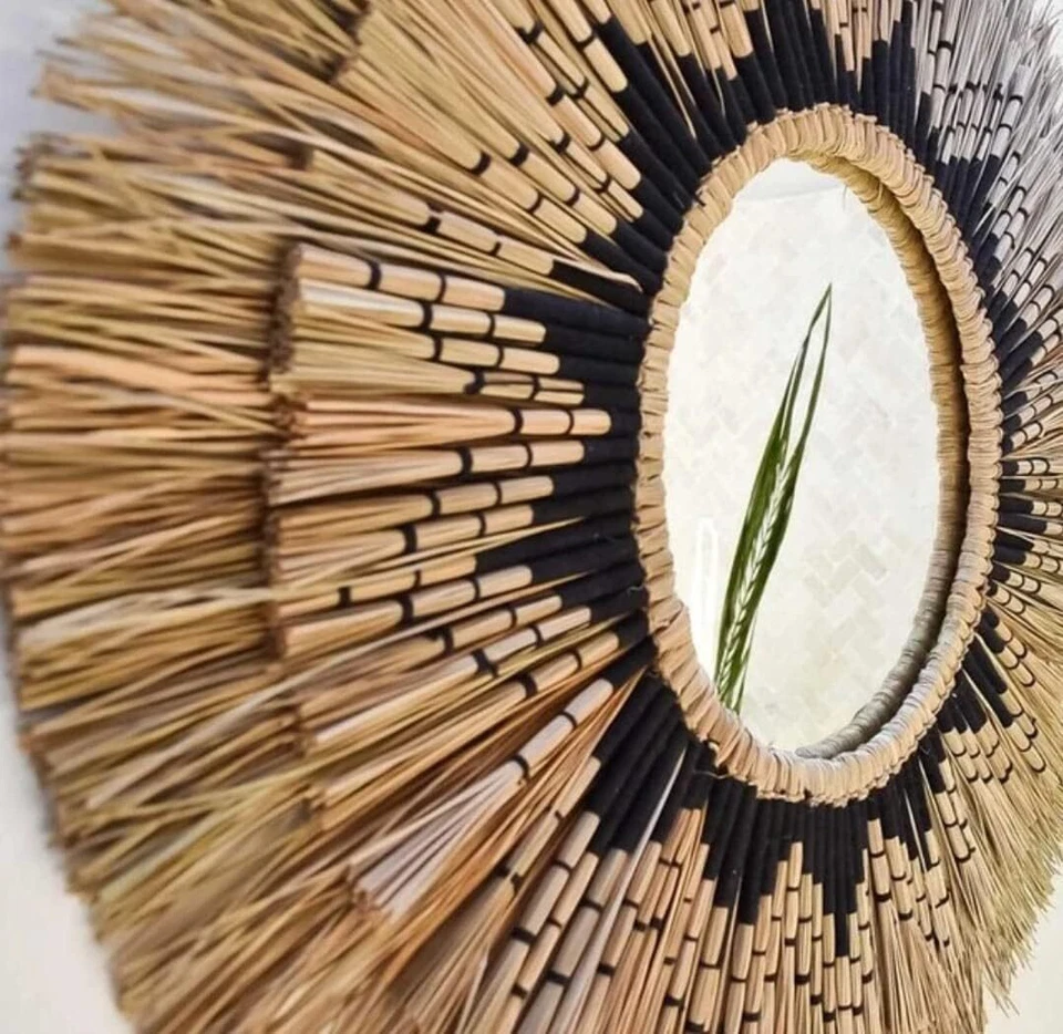 Espejo redondo montado en la pared bohemio de pastos marinos hecho a mano decoración tradicional Foto 2 de 3