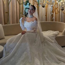 Elegant Off Shoulder Full Lace Wedding Dresses Long Sleeves Church Bride Gowns
