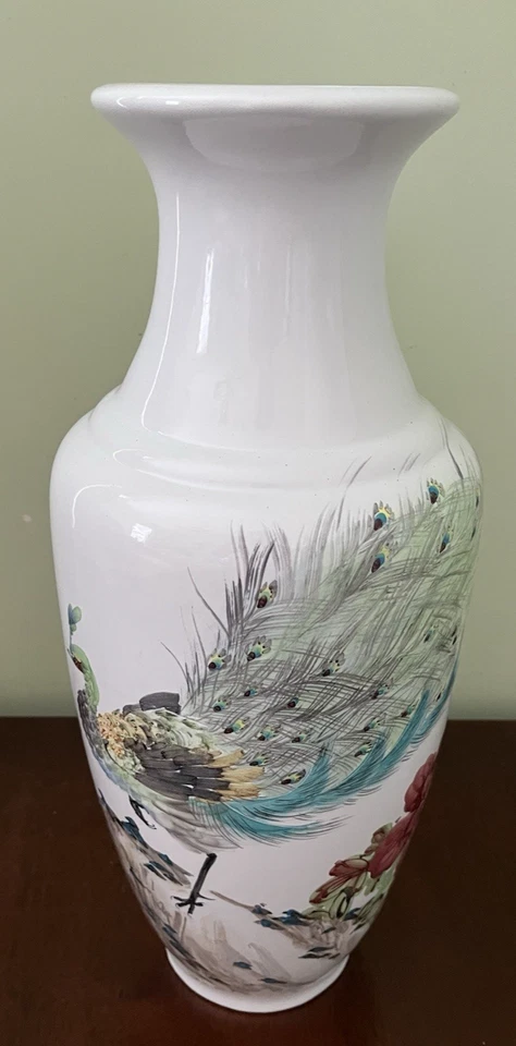 Jarrón grande de cerámica japonés pintado a mano pavo real real en exhibición completa-18"Tx24"C Foto 2 de 4