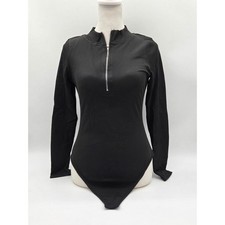Black Ribbed Long Sleeve Half Zip Mock Neck Bodysuit Size M 101-507