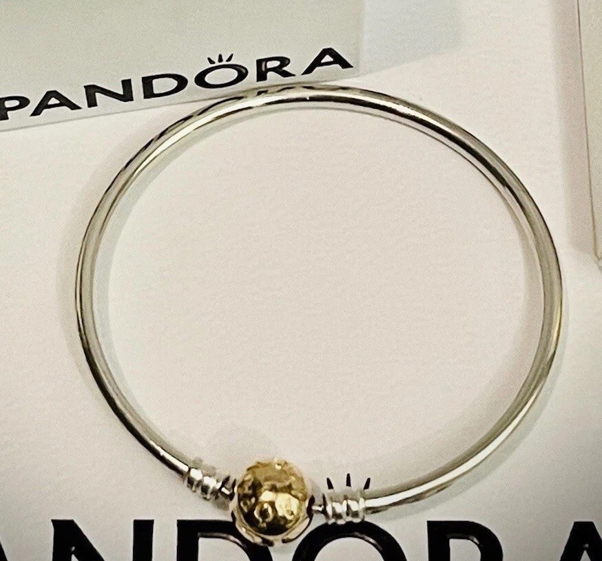 Authentic Pandora Silver & 14k Gold Clip Lock Charm Bangle 590718