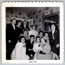 Vtg B&W Snapshot Group Of Women in Fancy Hats & Coats Party Interior 1953