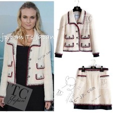CHANEL 06PF Limited Cream Ivory Trim Wool Silk Tweed Jacket Skirt Suit 36 38